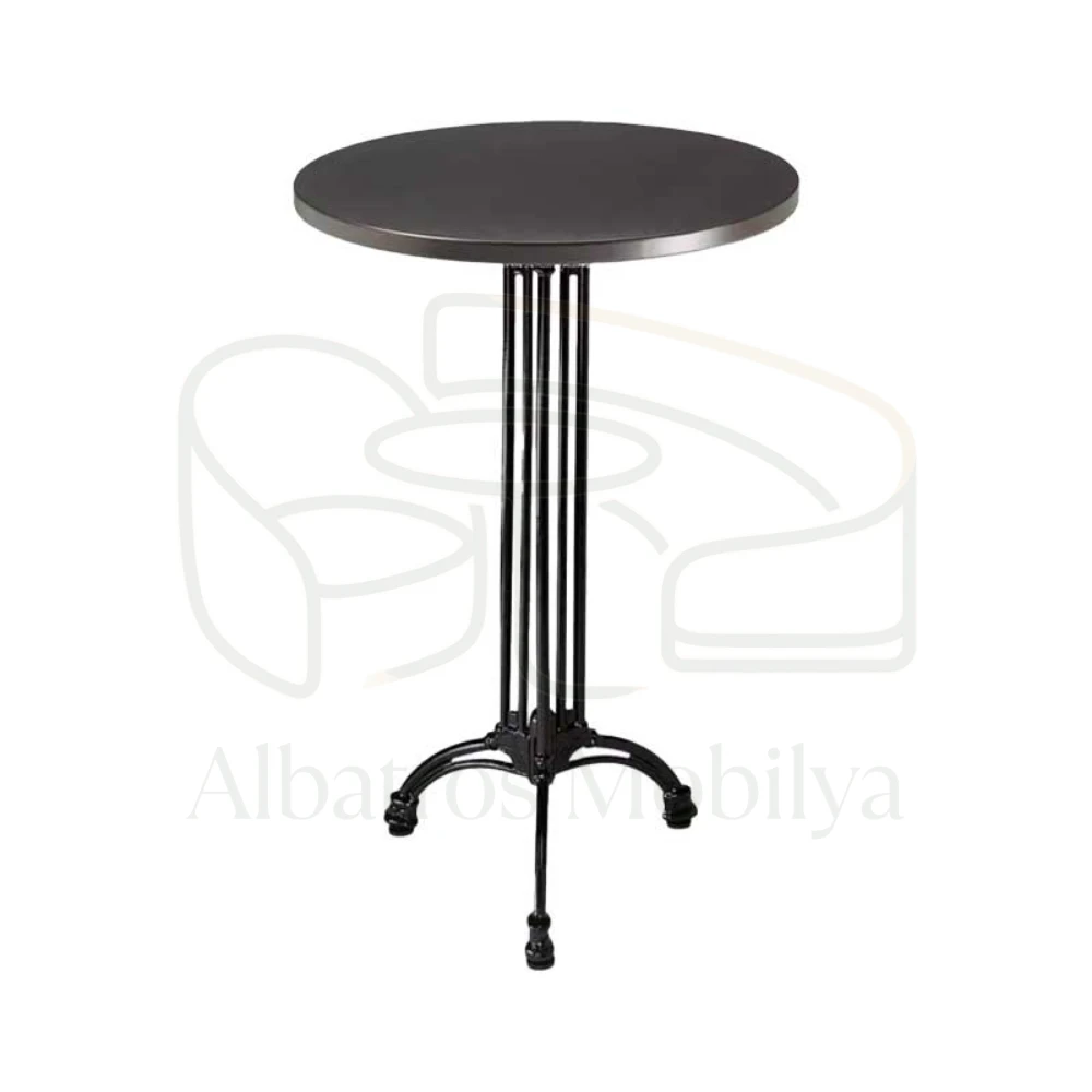 Table de bar Albatros Mobilya modèle 06 ; Sa table ronde sombre est complétée par de multiples détails de colonnes fines et une base ouverte décorative.