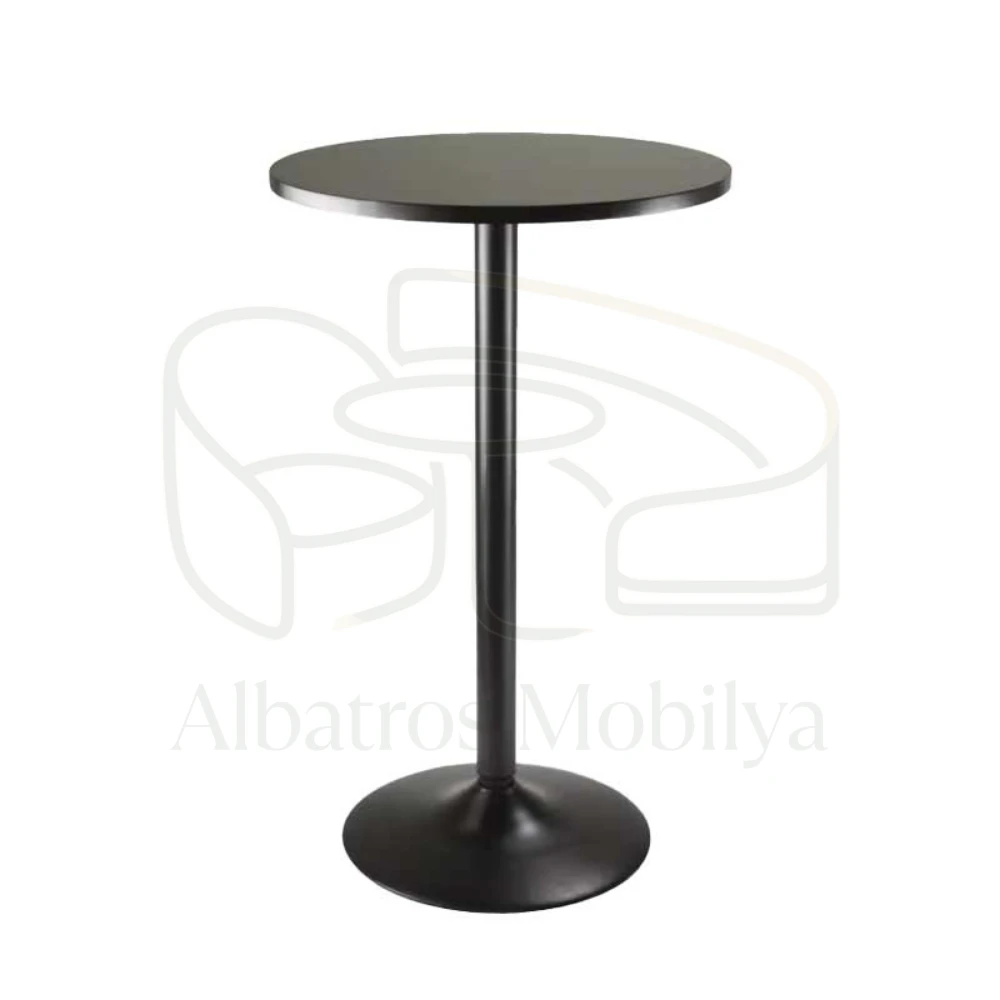 Table de bar Albatros Mobilya modèle 11 ; Le dessus rond de couleur unie foncé se combine avec une fine colonne brillante et une base ronde foncée.
