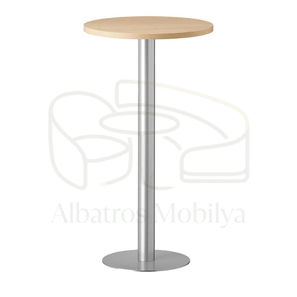 Table de bar Albatros Mobilya modèle 14 ; Livré avec un plateau rond mince aux tons clairs, une colonne plate brillante et une base ronde