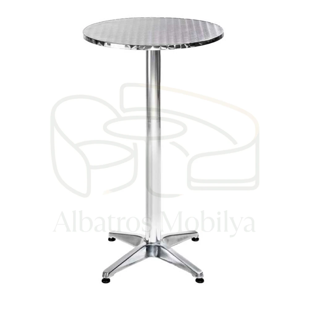 Table de bar Albatros Mobilya modèle 15 ; Son plateau rond rayé de couleur claire est complété par une colonne centrale brillante et une base à quatre branches.