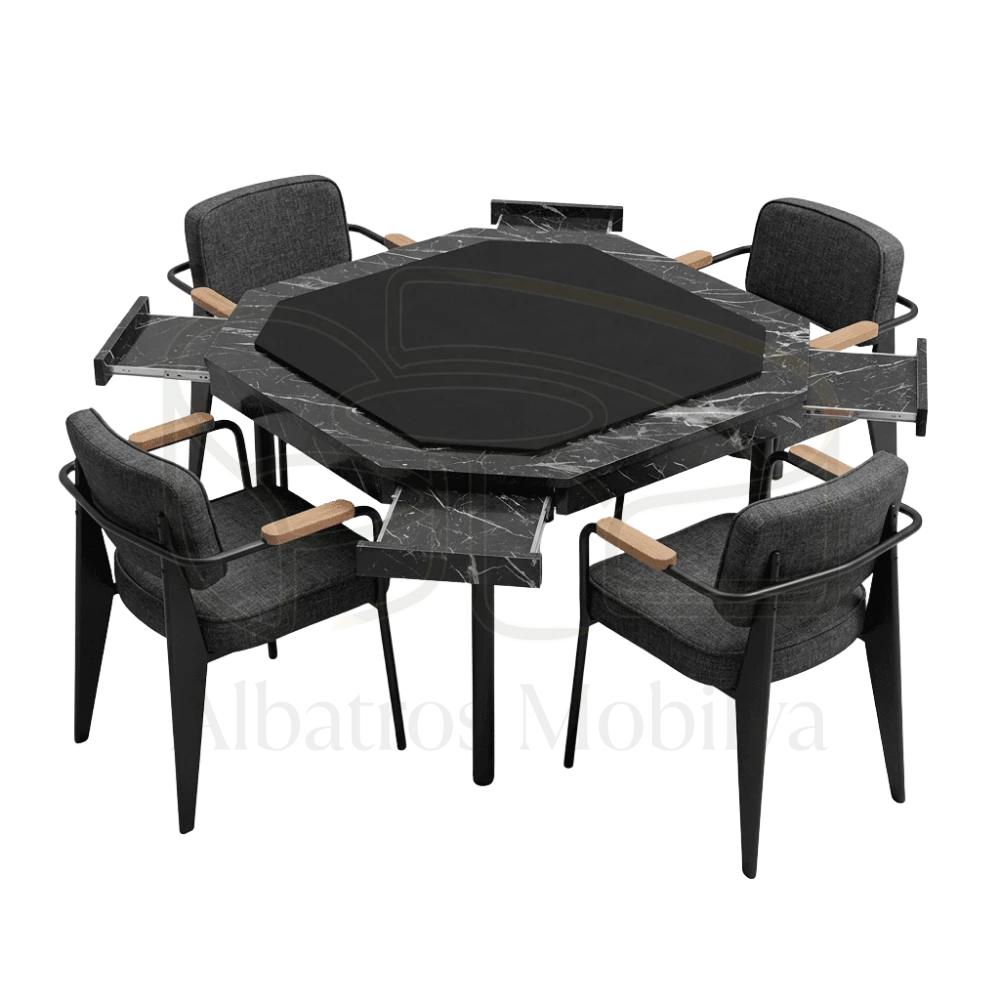 Albatros Mobilya Tischmodell 36; Es zeichnet sich durch seinen Grundriss mit einer polygonalen dunklen Spielfläche und umlaufenden Sitzplätzen aus