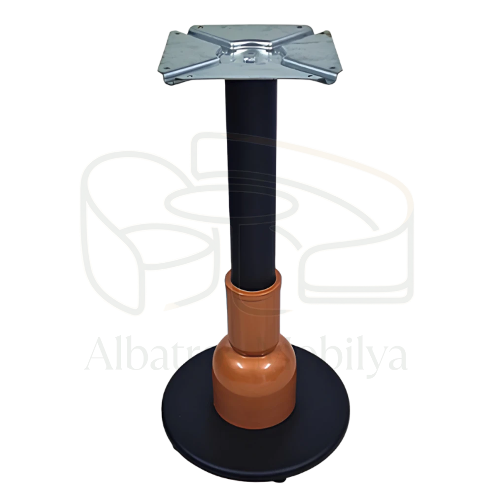 Albatros Mobilya masa ayağı modeli 16; siyah merkez sütun, sıcak kahverengi alt gövde ve siyah yuvarlak tabanla tamamlanır